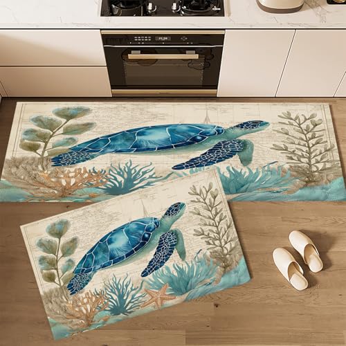 CEDNXOER Küchenteppiche rutschfest Beige Waschbar Bodenmatten-Set 2 Stück Ozean Tiere Blaue Schildkröte Koralle Anti-Ermüdungs-Stehläufer Für Eingangsbereich Flur Wäscherei, 43×75cm+43×120cm von CEDNXOER