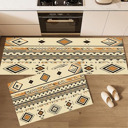 CEDNXOER Küchenteppiche rutschfest Beige Waschbar Bodenmatten-Set 2 Stück Stammes Ethnische Trigonometrie Geometrie Anti-Ermüdungs-Stehläufer Für Eingangsbereich Flur Wäscherei, 43×75cm+43×120cm von CEDNXOER