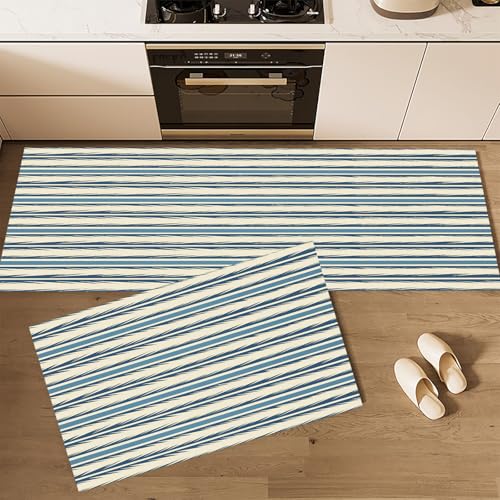 CEDNXOER Küchenteppiche rutschfest Beige Waschbar Bodenmatten-Set 2 Stück Vintage Geometrisch Streifen Pfeilform Anti-Ermüdungs-Stehläufer Für Eingangsbereich Flur Wäscherei, 50×80cm+50×160cm von CEDNXOER