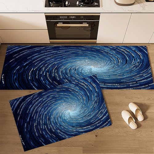 CEDNXOER Küchenteppiche rutschfest Blau Waschbar Bodenmatten-Set 2 Stück Abstrakt Spirale Gekritzel Wirbel Sternenhimmel Anti-Ermüdungs-Stehläufer Für Eingangsbereich Flur Wäscherei, 40×60cm+40×120cm von CEDNXOER