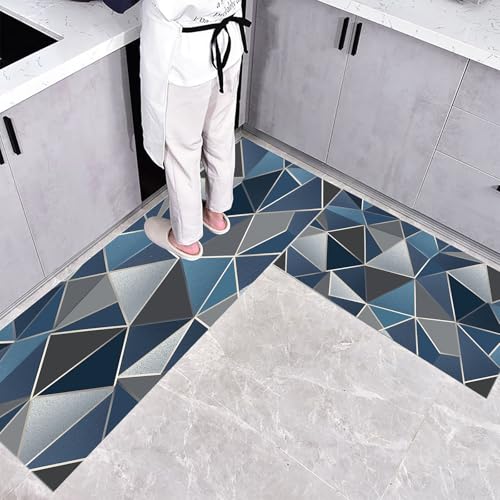 CEDNXOER Küchenteppiche rutschfest Blau Waschbar Bodenmatten-Set 2 Stück Abstrakte Geometrie Dreieck Anti-Ermüdungs-Stehläufer Für Eingangsbereich Flur Wäscherei, 40×60cm+40×120cm CEDNXOER Küchenteppiche rutschfest Blau Waschbar Bodenmatten-Set 2 Stück Abstrakte Geometrie Dreieck Anti-Ermüdungs-Stehläufer Für Eingangsbereich Flur Wäscherei, 40×60cm+40×120cm von CEDNXOER