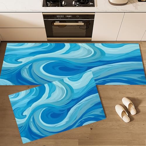 CEDNXOER Küchenteppiche rutschfest Blau Waschbar Bodenmatten-Set 2 Stück Abstrakte Streifen Wellen Strudel Anti-Ermüdungs-Stehläufer Für Eingangsbereich Flur Wäscherei, 43×75cm+43×120cm von CEDNXOER