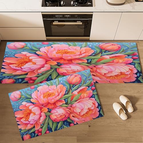CEDNXOER Küchenteppiche rutschfest Blau Waschbar Bodenmatten-Set 2 Stück Aquarell Pflanzen Rosa Pfingstrose Anti-Ermüdungs-Stehläufer Für Eingangsbereich Flur Wäscherei, 40×60cm+40×120cm von CEDNXOER