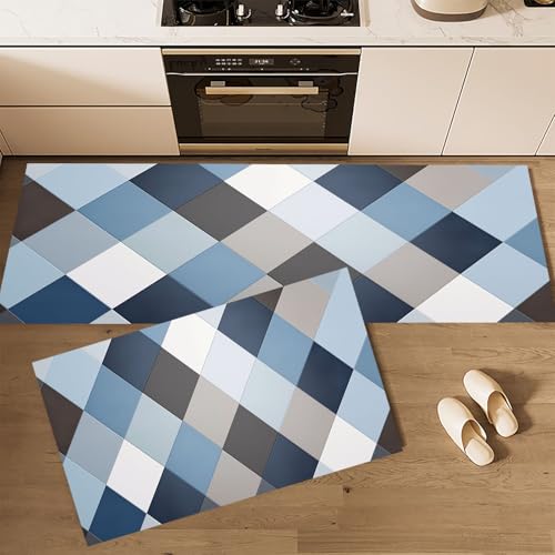 CEDNXOER Küchenteppiche rutschfest Blau Waschbar Bodenmatten-Set 2 Stück Einfach Geometrisch Abstrakte Raute Anti-Ermüdungs-Stehläufer Für Eingangsbereich Flur Wäscherei, 43×75cm+43×120cm von CEDNXOER