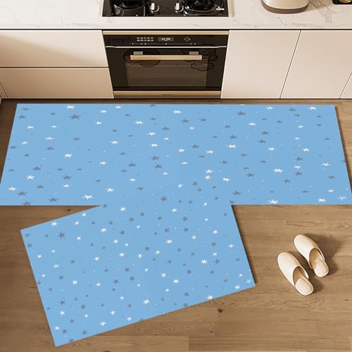 CEDNXOER Küchenteppiche rutschfest Blau Waschbar Bodenmatten-Set 2 Stück Kinder Abbildung Fantasie Sterne Anti-Ermüdungs-Stehläufer Für Eingangsbereich Flur Wäscherei, 45×75cm+45×150cm von CEDNXOER