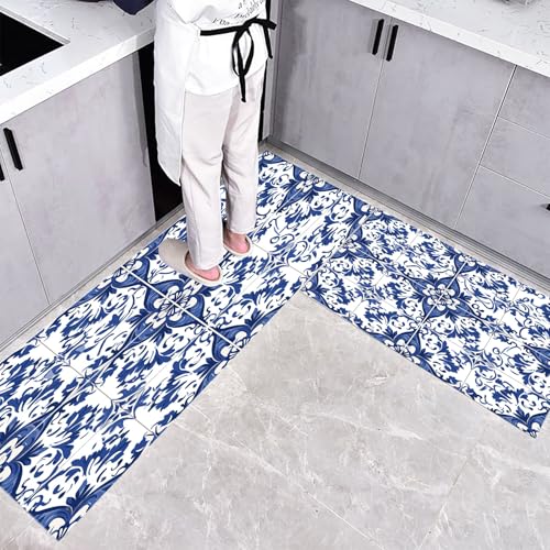 CEDNXOER Küchenteppiche rutschfest Blau Waschbar Bodenmatten-Set 2 Stück Landschaft Blumen Blumen Fliesen Anti-Ermüdungs-Stehläufer Für Eingangsbereich Flur Wäscherei, 40×60cm+40×120cm von CEDNXOER