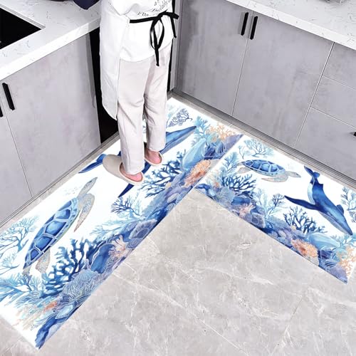 CEDNXOER Küchenteppiche rutschfest Blau Waschbar Bodenmatten-Set 2 Stück Meerestiere Schildkröten Wale Anti-Ermüdungs-Stehläufer Für Eingangsbereich Flur Wäscherei, 45×75cm+45×150cm von CEDNXOER