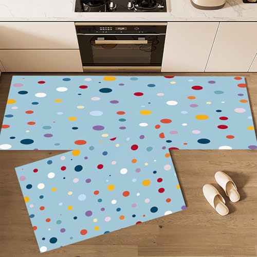 CEDNXOER Küchenteppiche rutschfest Blau Waschbar Bodenmatten-Set 2 Stück Minimalismus Geometrie Bunt Gepunktet Anti-Ermüdungs-Stehläufer Für Eingangsbereich Flur Wäscherei, 50×80cm+50×160cm von CEDNXOER