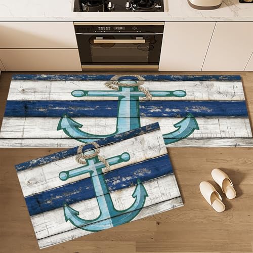 CEDNXOER Küchenteppiche rutschfest Blau Waschbar Bodenmatten-Set 2 Stück Nautisch Vintage Holzmaserung Anker Anti-Ermüdungs-Stehläufer Für Eingangsbereich Flur Wäscherei, 50×80cm+50×160cm von CEDNXOER