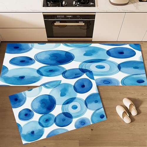 CEDNXOER Küchenteppiche rutschfest Blau Waschbar Bodenmatten-Set 2 Stück Spaß Geometrie Großer Kreis Anti-Ermüdungs-Stehläufer Für Eingangsbereich Flur Wäscherei, 40×60cm+40×120cm von CEDNXOER