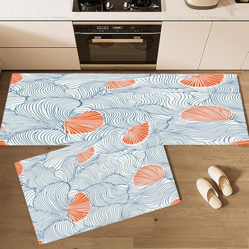 CEDNXOER Küchenteppiche rutschfest Blau Waschbar Bodenmatten-Set 2 Stück Streifen Meeresthema Meereswellen Muscheln Anti-Ermüdungs-Stehläufer Für Eingangsbereich Flur Wäscherei, 50×80cm+50×160cm von CEDNXOER