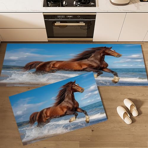 CEDNXOER Küchenteppiche rutschfest Blau Waschbar Bodenmatten-Set 2 Stück Tier Strand Laufen Pferd Anti-Ermüdungs-Stehläufer Für Eingangsbereich Flur Wäscherei, 40×60cm+40×120cm von CEDNXOER