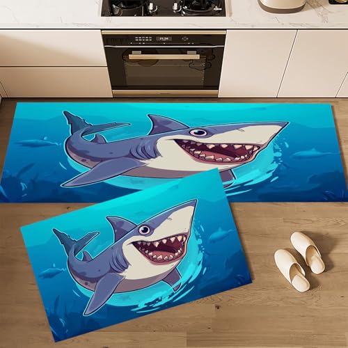 CEDNXOER Küchenteppiche rutschfest Blau Waschbar Bodenmatten-Set 2 Stück Tiere Illustrationen Cartoon-Hai Anti-Ermüdungs-Stehläufer Für Eingangsbereich Flur Wäscherei, 40×60cm+40×120cm von CEDNXOER