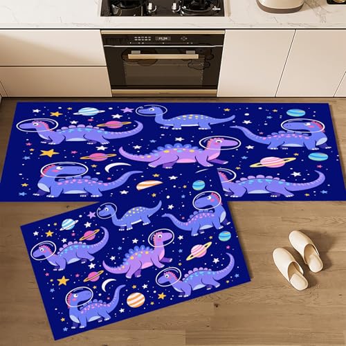 CEDNXOER Küchenteppiche rutschfest Blau Waschbar Bodenmatten-Set 2 Stück Zeichentrick Tiere Weltraum Dinosaurier Anti-Ermüdungs-Stehläufer Für Eingangsbereich Flur Wäscherei, 43×75cm+43×120cm von CEDNXOER