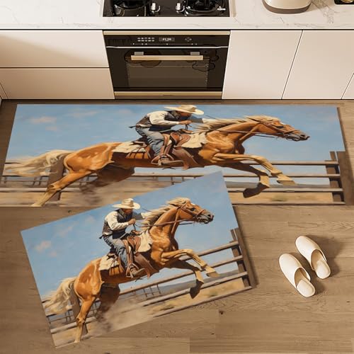 CEDNXOER Küchenteppiche rutschfest Braun Waschbar Bodenmatten-Set 2 Stück Amerikanische Westernlandschaft Cowboyreiten Anti-Ermüdungs-Stehläufer Für Eingangsbereich Flur Wäscherei, 43×75cm+43×120cm von CEDNXOER