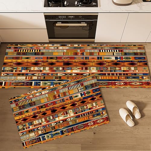 CEDNXOER Küchenteppiche rutschfest Braun Waschbar Bodenmatten-Set 2 Stück Böhmische Graffiti Abstrakte Geometrie Anti-Ermüdungs-Stehläufer Für Eingangsbereich Flur Wäscherei, 45×75cm+45×150cm von CEDNXOER