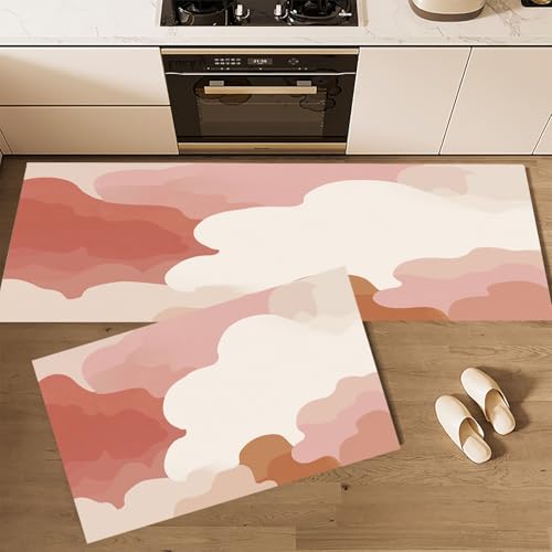 CEDNXOER Küchenteppiche rutschfest Braun Waschbar Bodenmatten-Set 2 Stück Einfach Graffiti Abstrakte Wolke Anti-Ermüdungs-Stehläufer Für Eingangsbereich Flur Wäscherei, 43×75cm+43×120cm von CEDNXOER