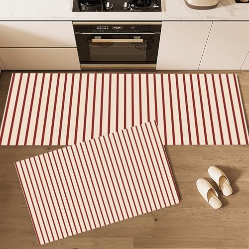 CEDNXOER Küchenteppiche rutschfest Creme Waschbar Bodenmatten-Set 2 Stück Eleganz Einfachheit Linien Vertikale Streifen Anti-Ermüdungs-Stehläufer Für Eingangsbereich Flur Wäscherei, 50×80cm+50×160cm von CEDNXOER