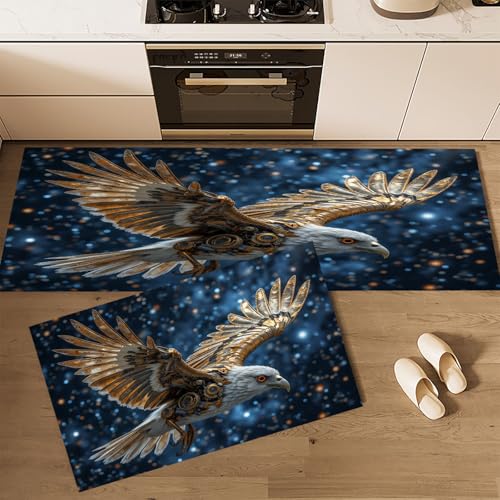 CEDNXOER Küchenteppiche rutschfest Dunkelblau Waschbar Bodenmatten-Set 2 Stück Dampf Punk Tiere Mechanischer Vogel Anti-Ermüdungs-Stehläufer Für Eingangsbereich Flur Wäscherei, 40×60cm+40×120cm von CEDNXOER