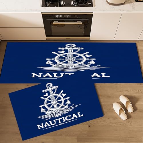 CEDNXOER Küchenteppiche rutschfest Dunkelblau Waschbar Bodenmatten-Set 2 Stück Nautisches Thema Anker Ruder Segel Anti-Ermüdungs-Stehläufer Für Eingangsbereich Flur Wäscherei, 43×75cm+43×120cm CEDNXOER Küchenteppiche rutschfest Dunkelblau Waschbar Bodenmatten-Set 2 Stück Nautisches Thema Anker Ruder Segel Anti-Ermüdungs-Stehläufer Für Eingangsbereich Flur Wäscherei, 43×75cm+43×120cm von CEDNXOER
