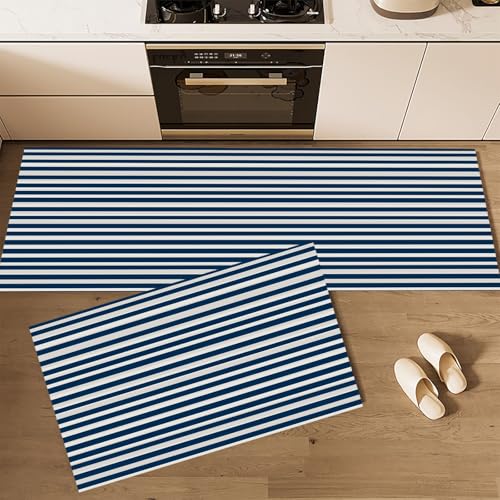 CEDNXOER Küchenteppiche rutschfest Dunkelblau Waschbar Bodenmatten-Set 2 Stück Nautisches Thema Einfach Streifen Anti-Ermüdungs-Stehläufer Für Eingangsbereich Flur Wäscherei, 50×80cm+50×160cm von CEDNXOER