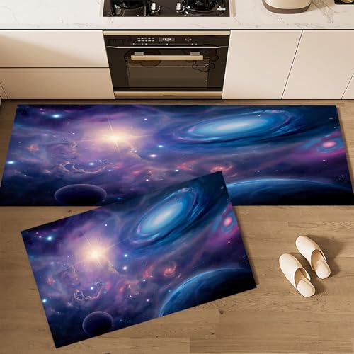 CEDNXOER Küchenteppiche rutschfest Dunkelblau Waschbar Bodenmatten-Set 2 Stück Weltraum Universum Galaxie Nebel Anti-Ermüdungs-Stehläufer Für Eingangsbereich Flur Wäscherei, 50×80cm+50×160cm von CEDNXOER