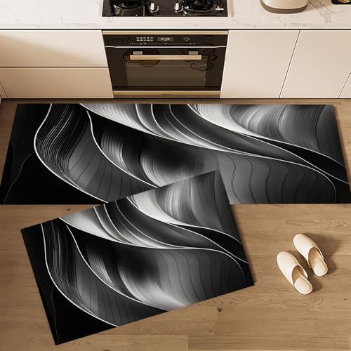 CEDNXOER Küchenteppiche rutschfest Dunkelgrau Waschbar Bodenmatten-Set 2 Stück Einfach Linien Biegen Metall Anti-Ermüdungs-Stehläufer Für Eingangsbereich Flur Wäscherei, 50×80cm+50×160cm von CEDNXOER