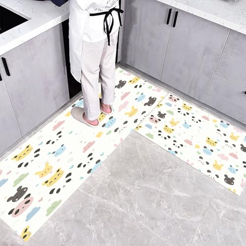CEDNXOER Küchenteppiche rutschfest Elfenbein Waschbar Bodenmatten-Set 2 Stück Zeichentrick Tiere Panda Kaninchen Gesicht Anti-Ermüdungs-Stehläufer Für Eingangsbereich Flur Wäscherei, 40×60cm+40×120cm von CEDNXOER
