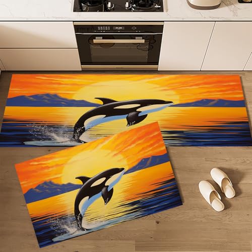 CEDNXOER Küchenteppiche rutschfest Gelb Waschbar Bodenmatten-Set 2 Stück Ozean Tiere Niedlicher Killerwal Anti-Ermüdungs-Stehläufer Für Eingangsbereich Flur Wäscherei, 40×60cm+40×120cm von CEDNXOER
