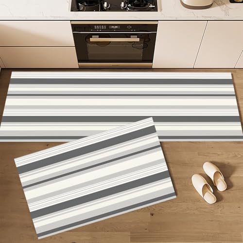 CEDNXOER Küchenteppiche rutschfest Grau Waschbar Bodenmatten-Set 2 Stück Einfach Linien Horizontale Streifen Anti-Ermüdungs-Stehläufer Für Eingangsbereich Flur Wäscherei, 45×75cm+45×150cm von CEDNXOER