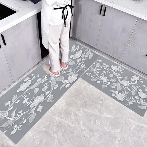 CEDNXOER Küchenteppiche rutschfest Grau Waschbar Bodenmatten-Set 2 Stück Einfach Pflanzen 3D Blumen Ranken Anti-Ermüdungs-Stehläufer Für Eingangsbereich Flur Wäscherei, 50×80cm+50×160cm CEDNXOER Küchenteppiche rutschfest Grau Waschbar Bodenmatten-Set 2 Stück Einfach Pflanzen 3D Blumen Ranken Anti-Ermüdungs-Stehläufer Für Eingangsbereich Flur Wäscherei, 50×80cm+50×160cm von CEDNXOER