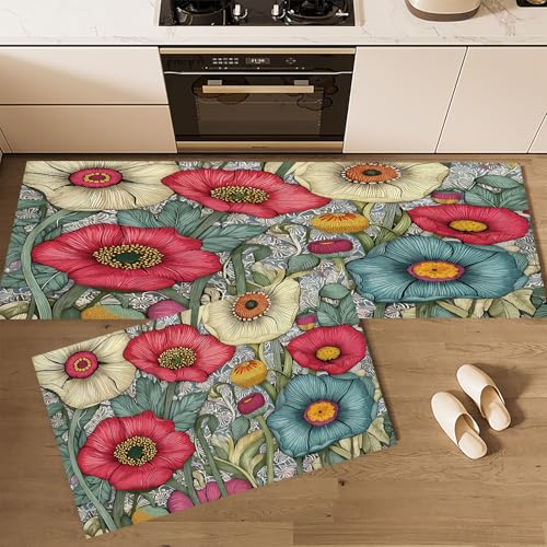 CEDNXOER Küchenteppiche rutschfest Grau Waschbar Bodenmatten-Set 2 Stück Feld Blumen Mohn Blumen Anti-Ermüdungs-Stehläufer Für Eingangsbereich Flur Wäscherei, 43×75cm+43×120cm von CEDNXOER