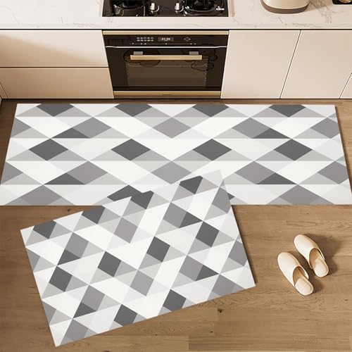 CEDNXOER Küchenteppiche rutschfest Grau Waschbar Bodenmatten-Set 2 Stück Moderne Geometrie Dreieck Anti-Ermüdungs-Stehläufer Für Eingangsbereich Flur Wäscherei, 40×60cm+40×120cm von CEDNXOER