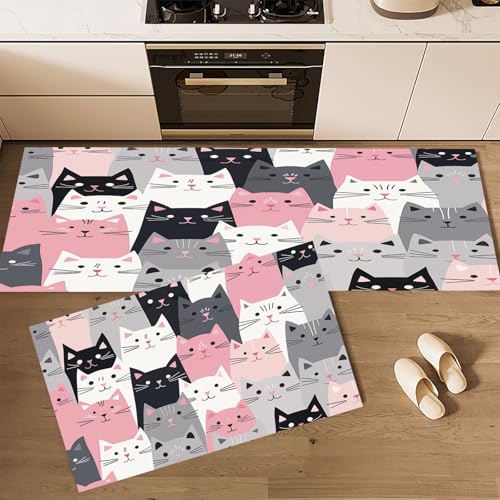 CEDNXOER Küchenteppiche rutschfest Grau Waschbar Bodenmatten-Set 2 Stück Zeichentrick Tiere Rosa Katzengesicht Anti-Ermüdungs-Stehläufer Für Eingangsbereich Flur Wäscherei, 50×80cm+50×160cm von CEDNXOER