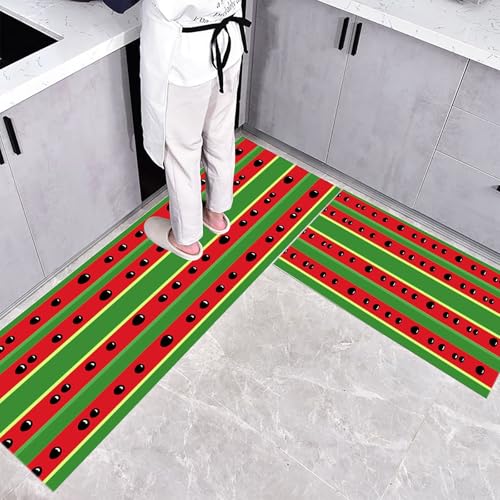 CEDNXOER Küchenteppiche rutschfest Grün Waschbar Bodenmatten-Set 2 Stück Fruchtillustration Wassermelone Rote Streifen Anti-Ermüdungs-Stehläufer Für Eingangsbereich Flur Wäscherei, 40×60cm+40×120cm CEDNXOER Küchenteppiche rutschfest Grün Waschbar Bodenmatten-Set 2 Stück Fruchtillustration Wassermelone Rote Streifen Anti-Ermüdungs-Stehläufer Für Eingangsbereich Flur Wäscherei, 40×60cm+40×120cm von CEDNXOER