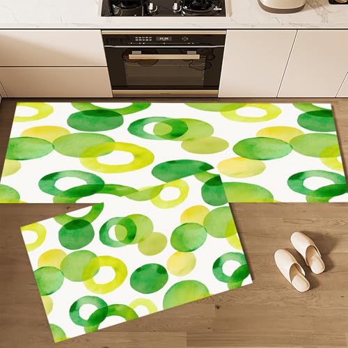 CEDNXOER Küchenteppiche rutschfest Grün Waschbar Bodenmatten-Set 2 Stück Geometrisch Graffiti Einfach Rund Anti-Ermüdungs-Stehläufer Für Eingangsbereich Flur Wäscherei, 50×80cm+50×160cm von CEDNXOER
