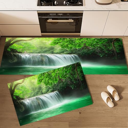 CEDNXOER Küchenteppiche rutschfest Grün Waschbar Bodenmatten-Set 2 Stück Natur Dicht Wald Wasserfall Stürzt Herab Anti-Ermüdungs-Stehläufer Für Eingangsbereich Flur Wäscherei, 40×60cm+40×120cm CEDNXOER Küchenteppiche rutschfest Grün Waschbar Bodenmatten-Set 2 Stück Natur Dicht Wald Wasserfall Stürzt Herab Anti-Ermüdungs-Stehläufer Für Eingangsbereich Flur Wäscherei, 40×60cm+40×120cm von CEDNXOER