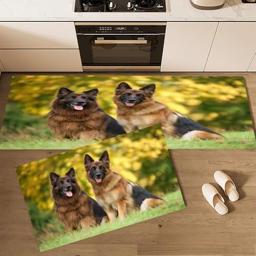 CEDNXOER Küchenteppiche rutschfest Grün Waschbar Bodenmatten-Set 2 Stück Süße Tiere Deutscher Schäferhund Wald Anti-Ermüdungs-Stehläufer Für Eingangsbereich Flur Wäscherei, 43×75cm+43×120cm von CEDNXOER