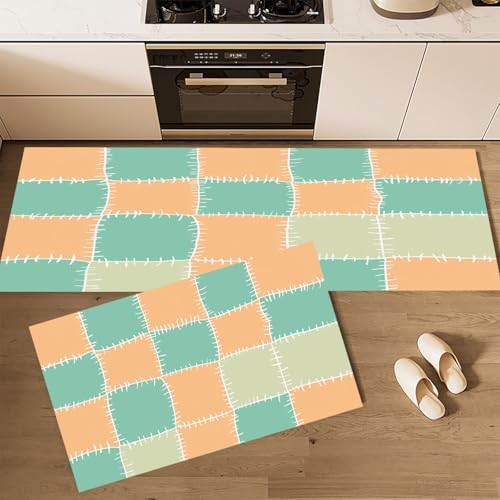 CEDNXOER Küchenteppiche rutschfest Hellblau Waschbar Bodenmatten-Set 2 Stück Kawaii Kariert Patchwork Geometrisch Anti-Ermüdungs-Stehläufer Für Eingangsbereich Flur Wäscherei, 50×80cm+50×160cm von CEDNXOER
