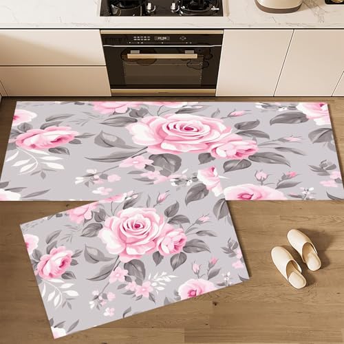 CEDNXOER Küchenteppiche rutschfest Hellgrau Waschbar Bodenmatten-Set 2 Stück Blumen Rosa Rosen Blumen Anti-Ermüdungs-Stehläufer Für Eingangsbereich Flur Wäscherei, 45×75cm+45×150cm von CEDNXOER