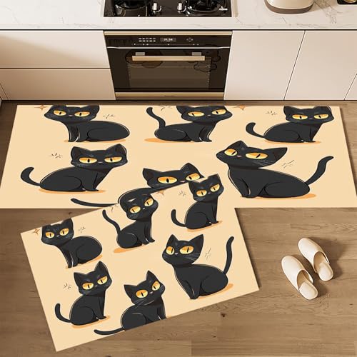 CEDNXOER Küchenteppiche rutschfest Khaki Waschbar Bodenmatten-Set 2 Stück Zeichentrick Tiere Schwarze Katze Anti-Ermüdungs-Stehläufer Für Eingangsbereich Flur Wäscherei, 43×75cm+43×120cm von CEDNXOER