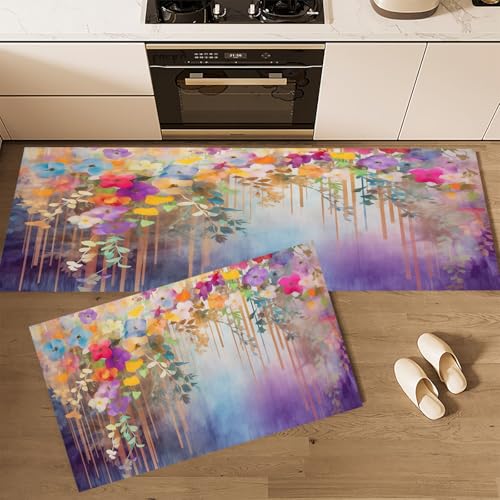 CEDNXOER Küchenteppiche rutschfest Lila Waschbar Bodenmatten-Set 2 Stück Aquarell Blumen Abstrakt Blumen Reben Anti-Ermüdungs-Stehläufer Für Eingangsbereich Flur Wäscherei, 50×80cm+50×160cm von CEDNXOER