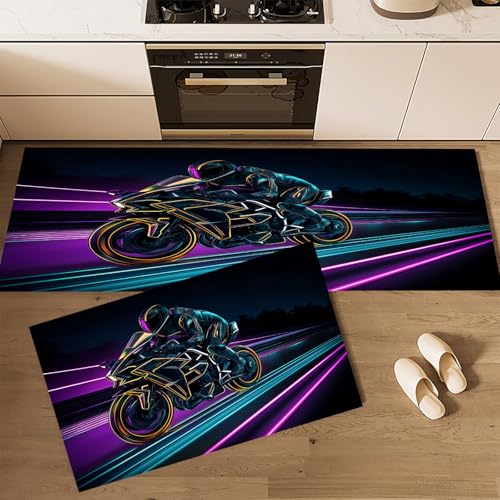 CEDNXOER Küchenteppiche rutschfest Lila Waschbar Bodenmatten-Set 2 Stück Neonlichter Rennstrecke Sportmotorrad Anti-Ermüdungs-Stehläufer Für Eingangsbereich Flur Wäscherei, 50×80cm+50×160cm von CEDNXOER