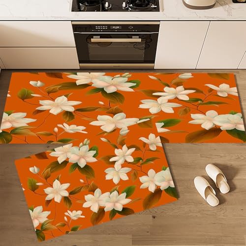 CEDNXOER Küchenteppiche rutschfest Orange Waschbar Bodenmatten-Set 2 Stück Elegant Blumig Abstrakter Jasmin Anti-Ermüdungs-Stehläufer Für Eingangsbereich Flur Wäscherei, 40×60cm+40×120cm von CEDNXOER