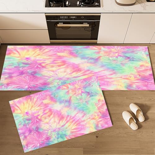 CEDNXOER Küchenteppiche rutschfest Rosa Waschbar Bodenmatten-Set 2 Stück Batik Blumen Süßes Regenbogen-Gekritzel Anti-Ermüdungs-Stehläufer Für Eingangsbereich Flur Wäscherei, 45×75cm+45×150cm von CEDNXOER