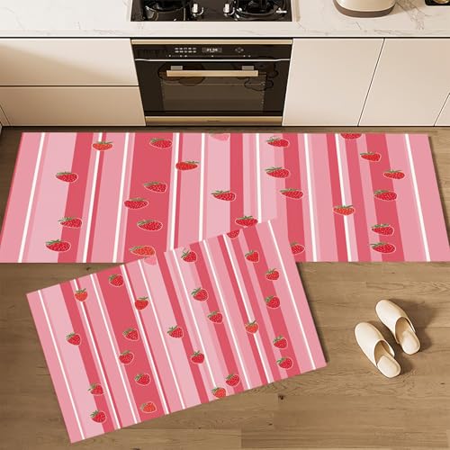 CEDNXOER Küchenteppiche rutschfest Rosa Waschbar Bodenmatten-Set 2 Stück Cartoon-Frucht Streifen Erdbeere Anti-Ermüdungs-Stehläufer Für Eingangsbereich Flur Wäscherei, 50×80cm+50×160cm von CEDNXOER