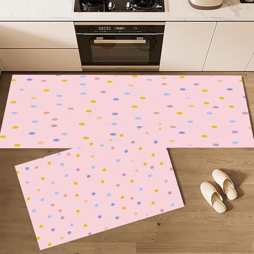 CEDNXOER Küchenteppiche rutschfest Rosa Waschbar Bodenmatten-Set 2 Stück Graffiti Geometrisch Punkt Anti-Ermüdungs-Stehläufer Für Eingangsbereich Flur Wäscherei, 50×80cm+50×160cm von CEDNXOER