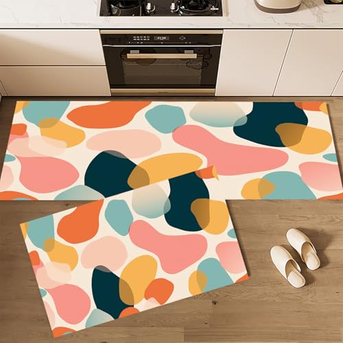 CEDNXOER Küchenteppiche rutschfest Rosa Waschbar Bodenmatten-Set 2 Stück Niedlich Geometrisch Abstraktes Gekritzel Anti-Ermüdungs-Stehläufer Für Eingangsbereich Flur Wäscherei, 45×75cm+45×150cm von CEDNXOER