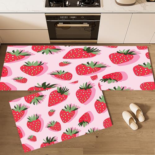 CEDNXOER Küchenteppiche rutschfest Rosa Waschbar Bodenmatten-Set 2 Stück Obst Cartoon-Erdbeere Anti-Ermüdungs-Stehläufer Für Eingangsbereich Flur Wäscherei, 50×80cm+50×160cm CEDNXOER Küchenteppiche rutschfest Rosa Waschbar Bodenmatten-Set 2 Stück Obst Cartoon-Erdbeere Anti-Ermüdungs-Stehläufer Für Eingangsbereich Flur Wäscherei, 50×80cm+50×160cm von CEDNXOER