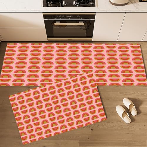 CEDNXOER Küchenteppiche rutschfest Rosa Waschbar Bodenmatten-Set 2 Stück Retro Streifen Roter Bogen Anti-Ermüdungs-Stehläufer Für Eingangsbereich Flur Wäscherei, 50×80cm+50×160cm von CEDNXOER